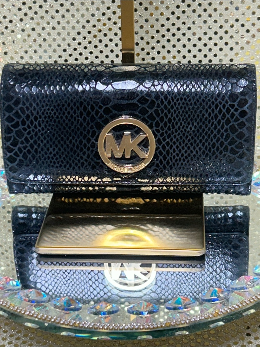 Michael Kors Black Snake-Embossed Wallet with Gold MK Emblem Approx. 6 x 4